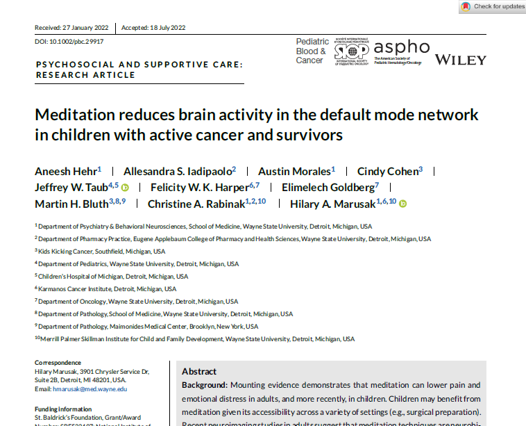 Meditation reduces brain activity in the default mode network in children with active cancer and survivors