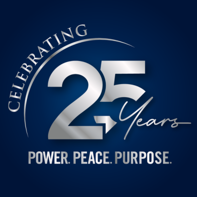 Celebrating 25 years logo with slogan: Power, Peace, Purpose.